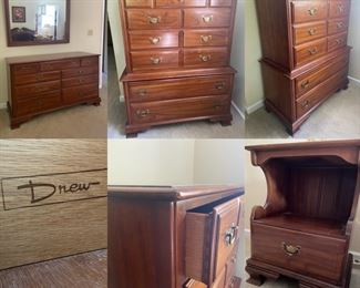 signed Drew Traditional High Boy Chest of Drawers, Dresser, and pair Night Stands