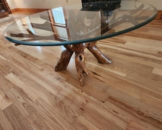 driftwood base round glass top coffee table 43 round 19.5 tall