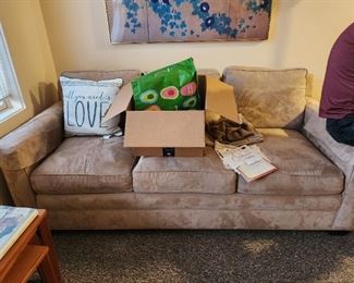 2 year old Vanguard American Bungalow collection couch 84x37x34 neutral "suede" fabric