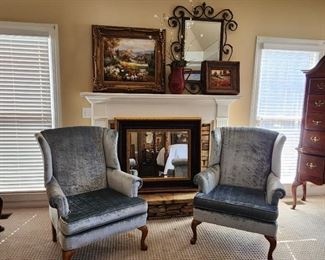 Velvet Wing Back Chairs, Uttermost Mirror and Oil Paintings