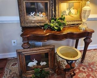 Rabbit Oil Paintings and Unique  Wood Console
