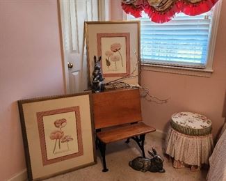 Floral Art, Vintage School Desk, Upholstered Stool