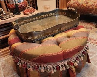 Tufted Ottoman on Casters and Brass Tray