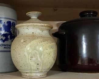 Vintage Lowenbrau Lion Munich Stoneware Beer Mug, Urn, and Vintage West Bend Brown Ceramic Bean Pot 