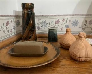 Vase, Butter Dish, Pottery and Terra-cotta Garlic Roasters 