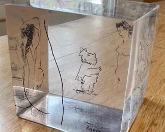 Lucite cube with Picasso illustrations