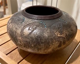 Handcrafted Kokopelli bowl with turquoise accents