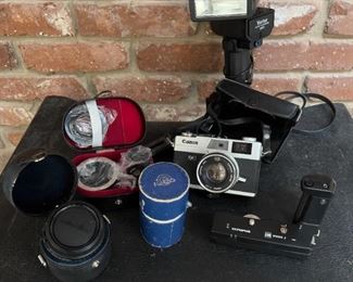 Canon camera, Vivitar flash and various lenses