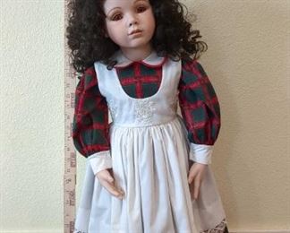 Large Curly Haired Girl In Plaid Dress Hand Painted Porcelain Doll