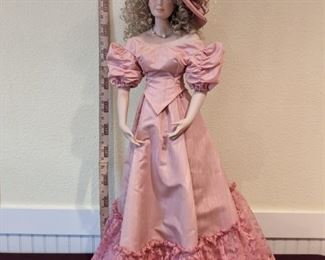 Very Large Lady In Pink Satin Hand Painted Porcelain Doll