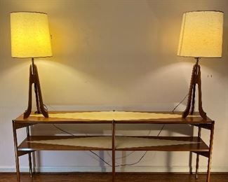 Mid-Century Modern diamond painted 2 shelved console table (72"W x 12"D x 30"H) & Mid Century Modern Wooden Tripod Lamp (pr)
