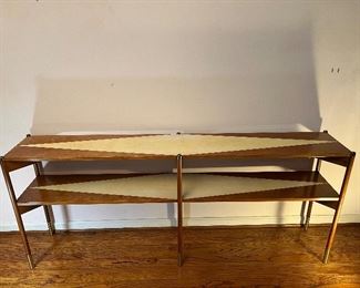 Mid-Century Modern diamond painted 2 shelved console table (72"W x 12"D x 30"H)