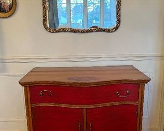 Antique Oak with 2 door & 1 drawer painted red buffet (19-1/2"D x 38"W x 30-1/2"H)