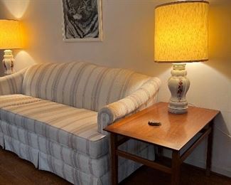 Pem-Kay Roll Arm Skirted Sofa with mid-century end table