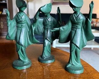 3 Vintage Cast Iron Geisha Asian Woman Statues Collectible Figure Metal 