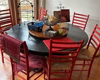Wooden painted table, ladder back chairs