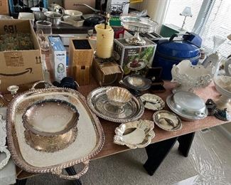 Silver, serving, trays, bowls, and decorative bowls vases. Antique decorative vase.
