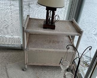 Wicker cart, wood lamp, decorative glass, candle holder