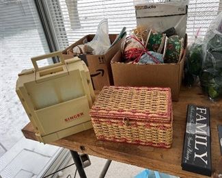 Sewing box, organizer, wicker, sewing basket, family, and friend wall signs, ribbon and craft box, games, some antique, including poker chips,