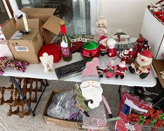 Multiple Christmas decorations, wood 
wine rack,