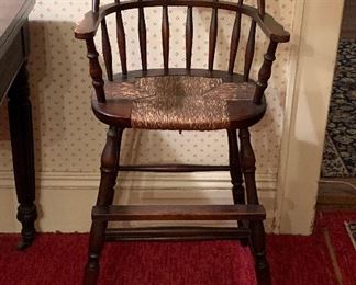 Antique spindle-back highchair, mahogany w/ rush seat