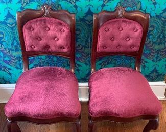 Sweet Victorian velvet chairs, carved mahogany