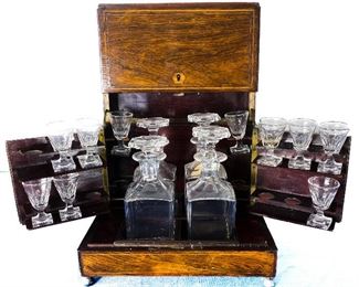 Cave a liqueurs w/ 4 decanters, 10 cordial glasses, beautiful boxed set