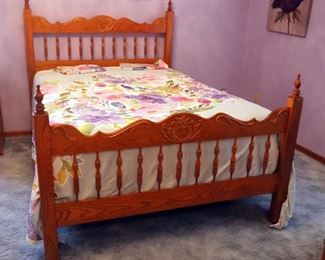Oak Queen Size Bed Including Headboard 59" x 64", Footboard 41" x 64", Mattress, Box Spring, And Bedding