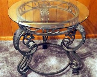 Ashley Furniture Round Beveled Glass Top Side Table With Scrolled Metal Frame And Claw Feet, 27.5" x 28" Diameter