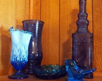 Blue Bird Of Happiness Figurine, Signed Ron Ray, Dated 1997, Art Glass Bud Vase, Candy Dish, And More
