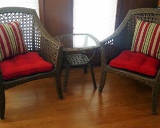 Vinyl Wicker Settee Including Chairs, Qty 2, And Glass Top Side Table, 22" x 21" x 21"