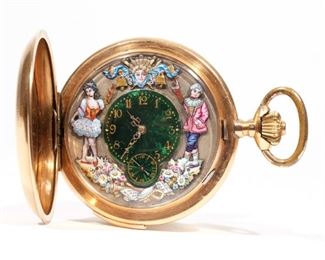 14K HUNTER CASED AUTOMATON WATCH | Quarter repeating, 30 jewel movement #1852, repeat activated by slide on band with green enamel dial, subsidiary seconds and gold Arabic numeral within a multi-colored surround containing trophies of music with ballet dancer jacquemarts and a portrait at 12. Case number #2141. Total weight 102.8g; case 1.7in (44mm). Simply a beautiful piece.

(3) Similar one sold at Christie's auction on June 8 2005; N.B. Descriptions are revised from a 1994 insurance appraisal by a noted N.Y.C. auction house Horologist