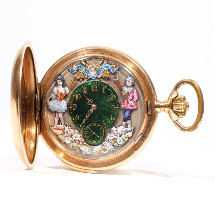 14K HUNTER CASED AUTOMATON WATCH | Quarter repeating, 30 jewel movement #1852, repeat activated by slide on band with green enamel dial, subsidiary seconds and gold Arabic numeral within a multi-colored surround containing trophies of music with ballet dancer jacquemarts and a portrait at 12. Case number #2141. Total weight 102.8g; case 1.7in (44mm). Simply a beautiful piece.

(3) Similar one sold at Christie's auction on June 8 2005; N.B. Descriptions are revised from a 1994 insurance appraisal by a noted N.Y.C. auction house Horologist
