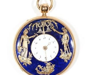 18K QUARTER REPEATER WITH AUTOMATA POCKET WATCH  |   Verge fusee movement, repeater activated by depressing pendant, white enamel dial within blue enamel surround with jacquemarts. Case number: 7549. 2.2in (56mm) total weight 122.2g.
(7) N.B. Descriptions are revised from a 1994 insurance appraisal by a noted N.Y.C. auction house Horologist
