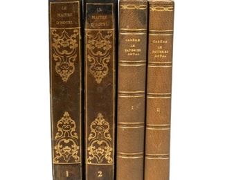 (4VOL) [SIGNED] CARÊME, ANTONIN  |  Including: (2vol) Le Maître d'Hôtel Français, ou Parallèle de la cuisine ancienne et moderne, considéré sous rapport de l'ordonnance des menus selon les quatre saisons. Paris: Didot, 1822, FIRST EDITION, 8vo, in two volumes, vol. I SIGNED BY THE AUTHOR on half title verso, with engraved frontis and illustration opposite showing two chefs, having 14 fold-out menus and table settings, vol. II with 19 fold-outs, both in gilt green half leather with blue marbled boards, some spotting throughout, vol. I with repair to top of spine (Vicaire 145, Bitting 75-76, Wheaton 44); and (2vol) Le Pâtissier royal parisien, ou Traité élémentaire et pratique de la pâtisserie ancienne et moderne…, Paris: Chez MM., 1841, third edition, with 41 plates designed by the author, 8vo, a 20th century quartered green leather binding, bookplate of Harry Sehraemli, faded spines and minor wear, spotting throughout (Bitting 74, Wheaton 45, Vicaire 144)
h. 8 in.