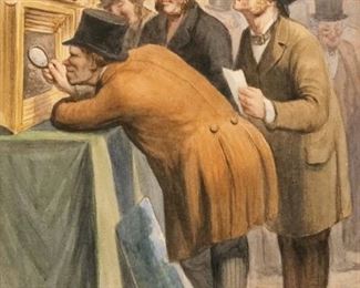 (ATTRIB) HONORE DAUMIER (FRENCH, 1808-1879) | The Art Lovers
Watercolor on paper
Signed lower left, pencil numbers on verso
h. 9 w. 6-1/2 in. (subject)
overall: 11-1/4 x 9-3/4 in. (sheet)
A similar single-state wood engraving, part of the Rowe Collection, exhibited at the Birmingham Museum of Art -- THE AUCTION HOUSE - The Art Lovers (Drawn by Daumier.), L'HOTEL DES VENTES. - L'Amateur (Dessen de Daumier.), Published April 18, 1863.