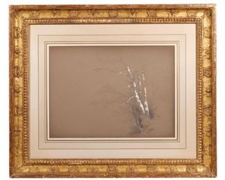 JOHN FREDERICK KENSETT (1816-1872) | 'North Conway', 1851
Pencil and wash on tan paper
Inscribed lower right, 'North Conway, August 12, 51', with numerous gallery and exhibition labels on verso, framed Exhibited: The Lyman Allyn Museum (no date, label on verso); The Parrish Art Museum, Southampton, Long Island (n.d., label verso) The Finch College Museum of Art: Paul Magriel Collection of American Drawings, June 9 - August 31, 1961, no. 42; Montclair Art Museum, Montclair, NJ: American Drawings, March 11-25, 1962; The Brooklyn Museum, 1964 (on loan); The Whitney Museum, American Federation of Arts, New York, NY, Exhibition no. 68-2, September 10 - October 20, 1968
h. 10-1/4 w. 14 in. (sight)
overall: 19 x 22-3/4 in. (frame)