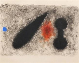 JOAN MIRO (1893-1983) | Untitled, from Nous Avons, 1959
Etching with aquatint
On Japon Misumi paper, signed in pencil and numbered IV/XV lower margin, printed by Crommelynck et Dutrou, Paris and published by Louis Broder, Paris. Printed for the album "Nous Avons" by Ren� Char, from the suite with wide margins entitled the "Fus�es" portfolio (Dupin 258, Cramer 53)
h. 5 w. 7 in. (appx., plate)
overall: 15-1/2 x 14 in. (frame)
