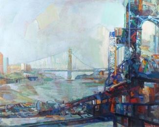 ANTHONY TONEY (AMERICAN, 1913-2004) | City Bridge
Oil on canvas
Signed lower right, signed and titled on stretcher, with ACA Galleries label on verso (partially peeled)
h. 36 w. 48 in.
Anthony Toney painted for the WPA in the 1930's, and exhibited at Corcoran Gallery in Washington DC; the Art Institute of Chicago; the Society of Independent Artists, Whitney Museum and Museum of Modern Art. He was also a regular contributor to the publication Reality.