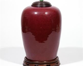 19TH CENTURY OR EARLIER CHINESE OVOID GLAZED JAR | Red / oxblood flambe lidded jar
h. 12-1/4 dia. 8 in.