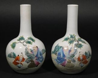 PAIR CHINESE FAMILLE VERTE PORCELAIN BOTTLES | Hongxian marks and period (1915-16), each depicting an old man and a boy putting a fish in a basket
h. 8 in.