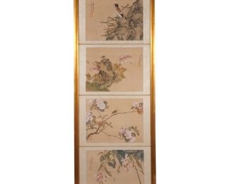 (4PC) CHINESE STILL LIFE PAINTINGS | Four bird and flower still lifes
Colored ink on silk
With numerous seals, one reading 'Gu Ning" ('ancient tranquility')
h. 9 w. 11-3/4 in. (ea.)
overall: 44 x 16-3/4 in. (frame)