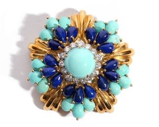 MONTCLAIR 18K TURQUOISE LAPIS LAZULI DIAMOND PIN | Including 17 melee diamonds, 16 Turquoise & 15 Lapis lazuli stones made by Montclair. Total weight:49.9g
