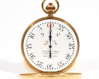 18K TIFFANY YACHTING TIMER POCKET WATCH | 13- jewel lever movement, stem wind #341529, white enamel dial with seconds chapters and 5-minute register, the 18k gold case # 2712. All made by Weill & CO. 2.7in (68 mm). Total watch weight: 194.5g
(103) N.B. Descriptions are revised from a 1994 insurance appraisal by a noted N.Y.C. auction house Horologist