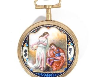 ENAMELED JEWELED PORTRAIT WATCH | Vergee fusee movement, key wind, white enamel dial, Brass case with mrilliant set bezel, the back with enameled portrait of a man and woman. Numbered # 1607. c.1800 1.7 in (45mm)
(81) N.B. Descriptions are revised from a 1994 insurance appraisal by a noted N.Y.C. auction house Horologist