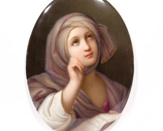 KPM PORTRAIT PORCELAIN PLAQUE | Oval porcelain plaque painted with a portrait of a woman with upward gaze, with impressed "K.P.M." stamp and long sword mark on verso, with possible inscribed red initials
h. 6-3/4 w. 5 in. (plaque)
overall: (frame)