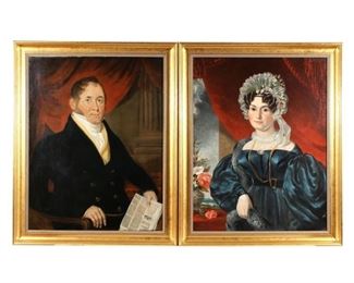 AMERICAN / ENGLISH SCHOOL, EARLY 19TH CENTURY | Pair of portraits: husband and wife
Oil on canvas
No apparent signature, the husband shown holding a copy of The Times with headings "London" and "Theatre Royal", both framed
h. 36 w. 28 in. (each)
overall: 42 x 33-1/2 in. (frame)