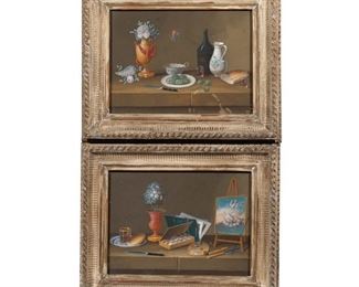 PAIR 19TH CENTURY OR EARLIER STILL LIFE PAINTINGS | Gouache on paper
Gouache, both tabletop still lifes, one showing a vase with flowers, artichokes, a butterfly, bread, and other items; the other with a palette, paint box, painting on an easel, flowers and food items
h. 6 w. 8 in., sight
overall: 9 x 11-1/2 in., frame