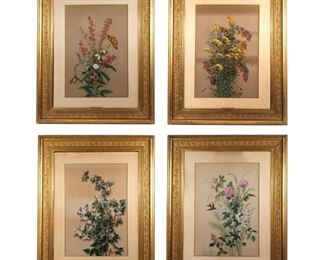 (4PC) SET LUCIA BLISS (AMERICAN, 1823-1912) | Botanical W/Monarchs & Hummingbirds
Mixed media on paper
Victorian era botanical paintings by Lucia Smith Carpenter Bliss (1823-1912), each uniformly matted in original period gilt frames, no apparent signatures
h. 26 w. 17-1/2 in. (sight)
overall: 41-1/2 x 33-1/4 in. (ea. frame)