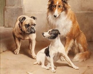 CARL REICHERT (GERMAN / AUSTRIAN, 1836-1918) | Three Dogs in Courtyard
Oil on board
Signed C. Reichert lower left, housed in original ripple frame
h. 11 w. 8-1/2 in.
overall: 17-1/2 x 16 in. (frame)